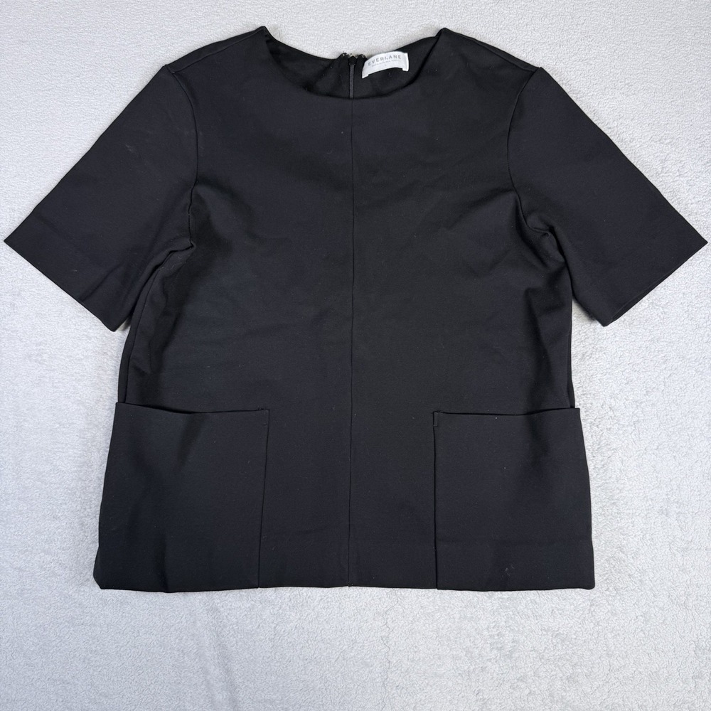 Everlane Women's L Black Ponte Knit Short Sleeve Boxy Pocket Top Back Zip